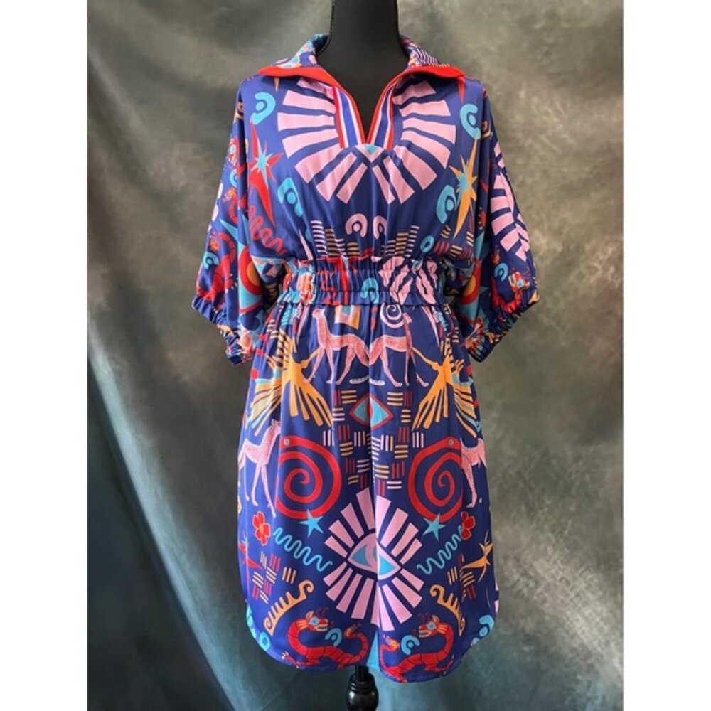 New Emily McCarthy Palmer Dress M Blue Red Print Boho Collared Short Sleeve
